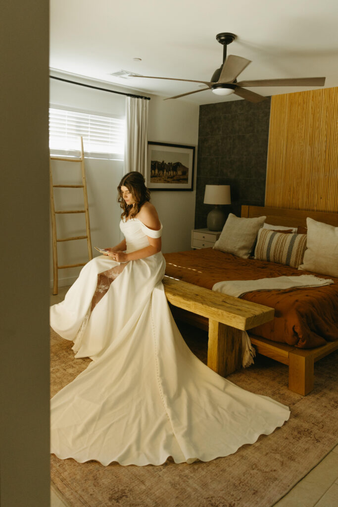 Bride getting ready before her intimate Arizona wedding