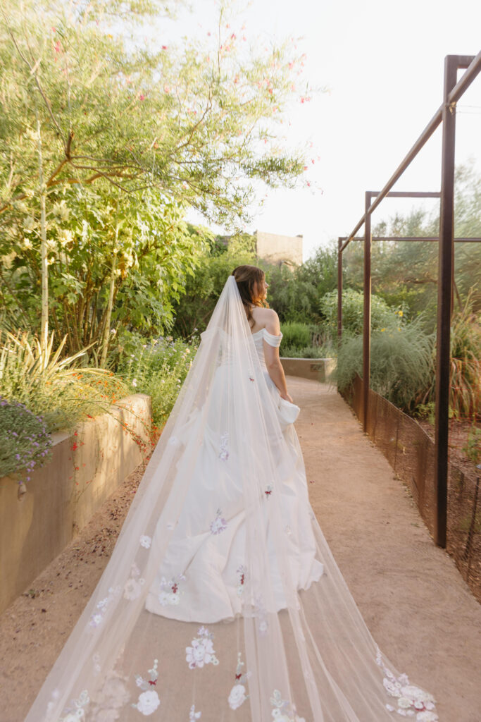 Newlyweds exploring the cactus gardens at Desert Botanical Garden after their ceremony