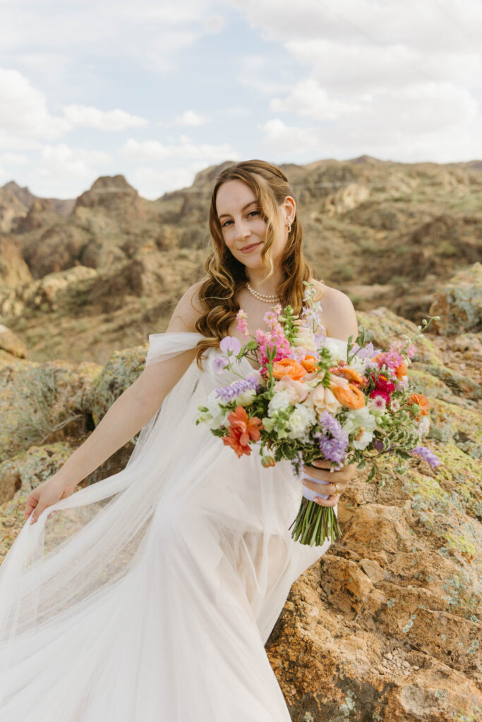 bridal portraits along Canyon Lake before dolly steamboat wedding