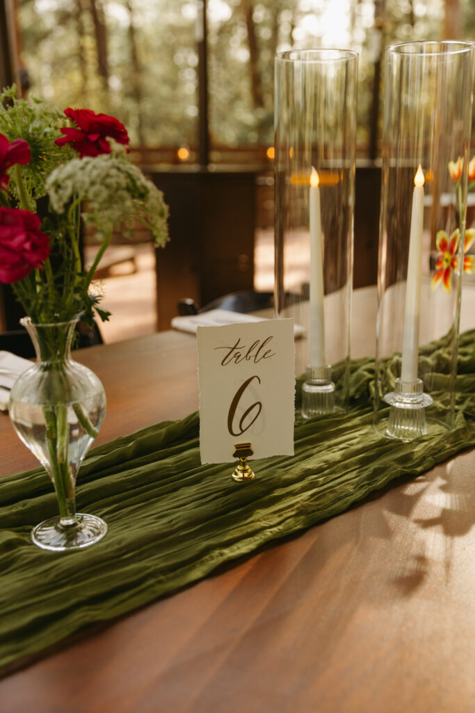 Intimate forest wedding reception in Arizona mountains