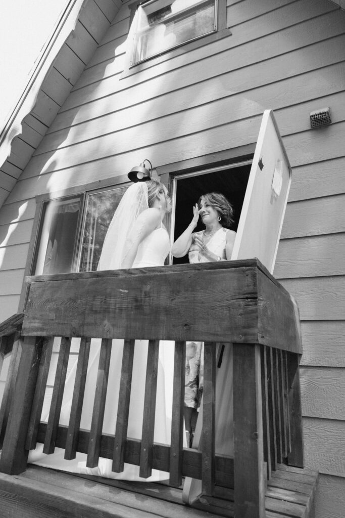 Bride getting ready inside cabin at Cabins on Strawberry Hill