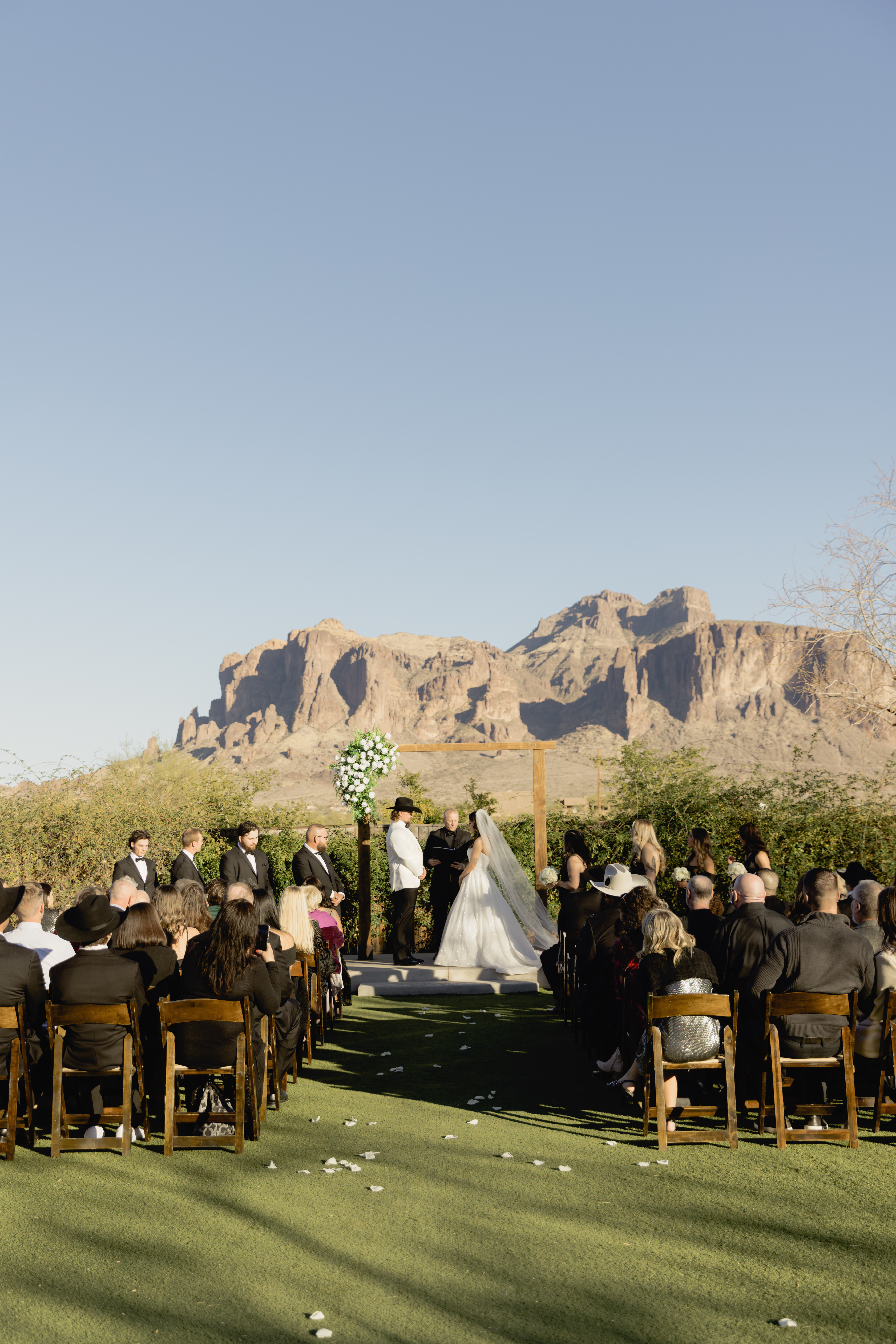 Outdoor wedding ceremony at The Paseo overlooking the Superstition Mountains