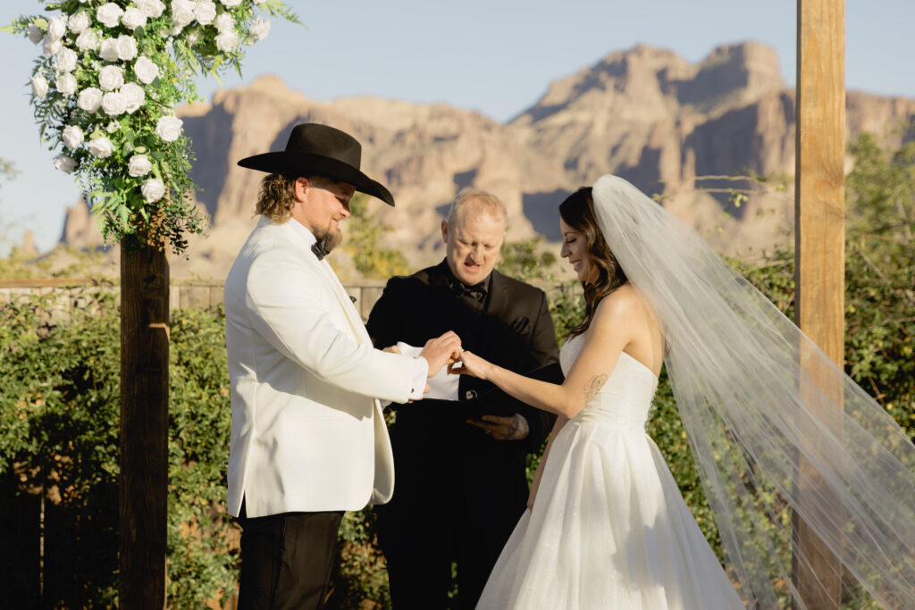Outdoor wedding ceremony at The Paseo overlooking the Superstition Mountains