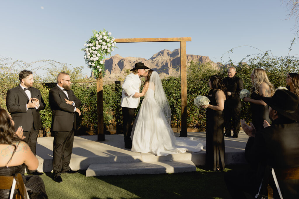 Outdoor wedding ceremony at The Paseo overlooking the Superstition Mountains