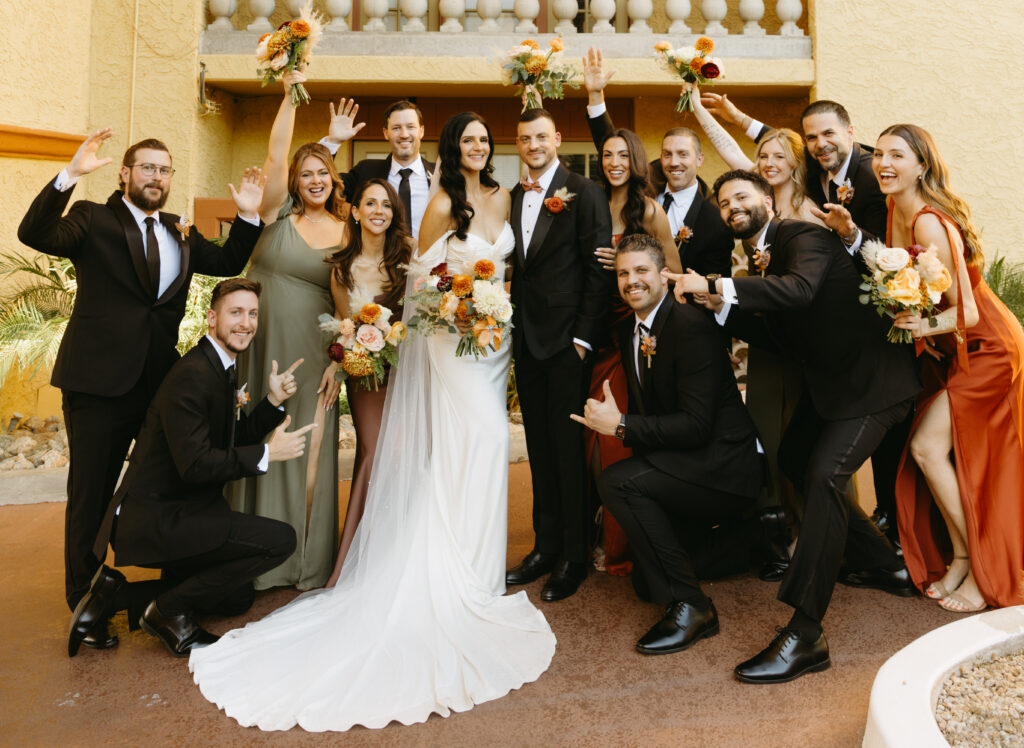 Wedding party celebrating with mountain views in Phoenix, Arizona